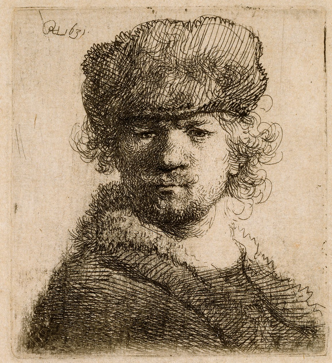 Autoritratto con un pesante cappello di pelliccia: busto, 1631 da Rembrandt van Rijn