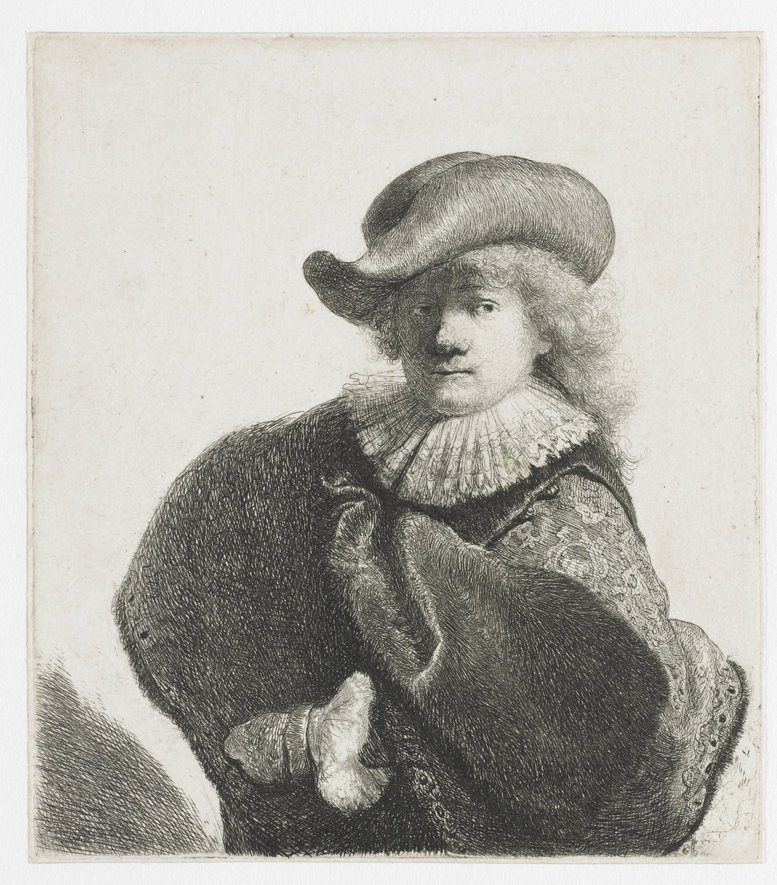 Autoritratto con cappello morbido e mantello a motivi da Rembrandt van Rijn