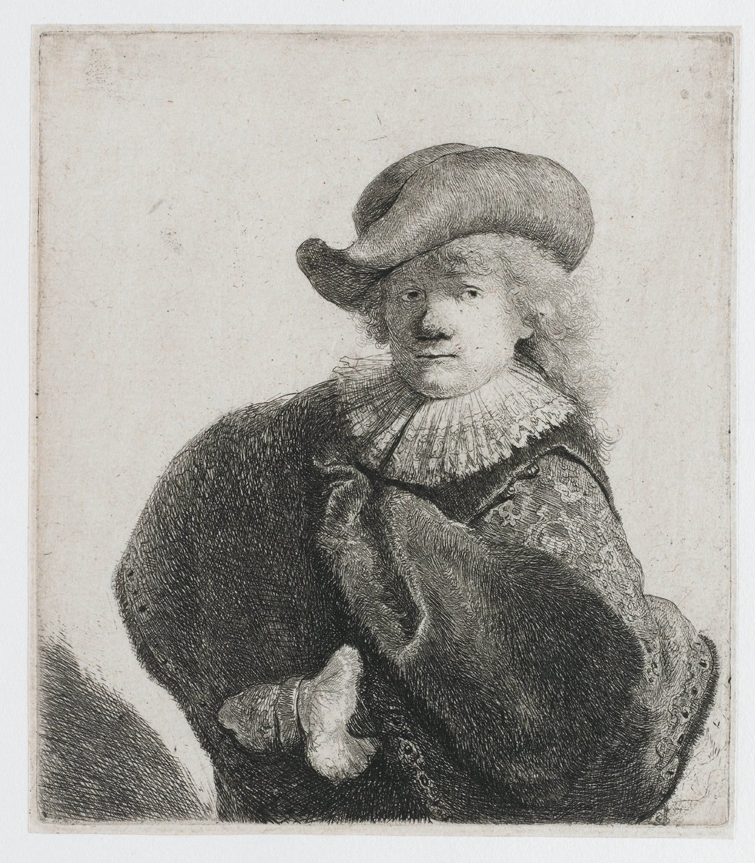 Autoritratto con cappello morbido e mantello a motivi decorativi da Rembrandt van Rijn