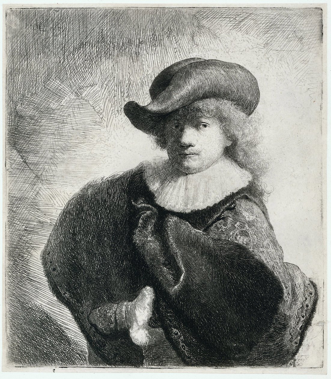 Autoritratto con cappello morbido e mantello ricamato da Rembrandt van Rijn