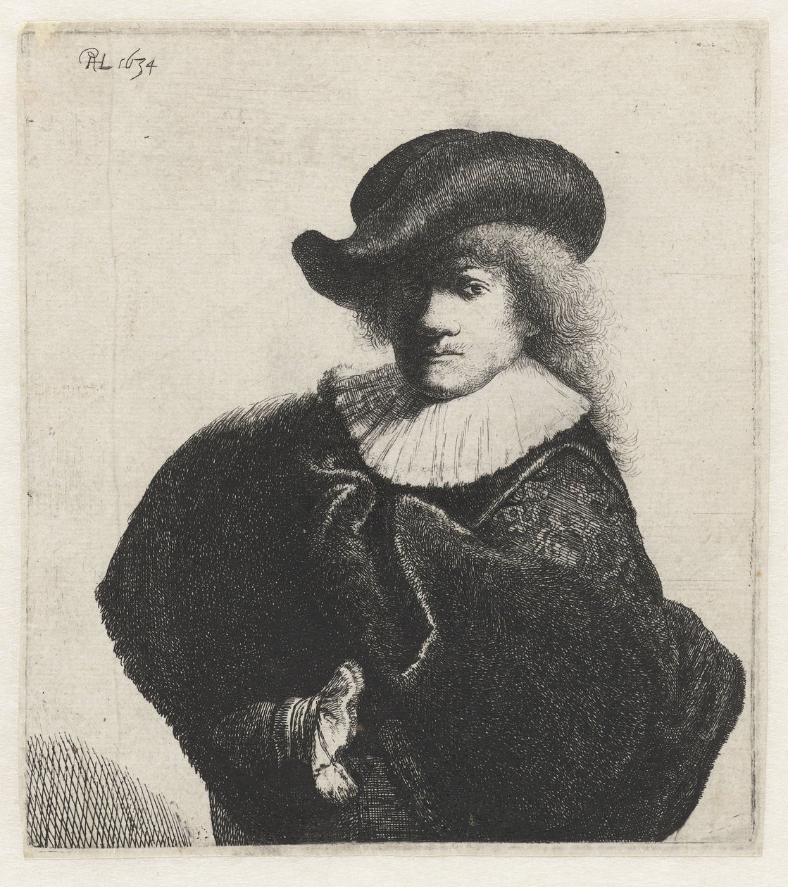 Autoritratto con cappello morbido e mantello ricamato, 1634 da Rembrandt van Rijn