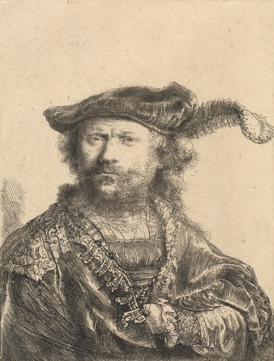Autoritratto con Berretto di Velluto con Piuma, 1638 da Rembrandt van Rijn