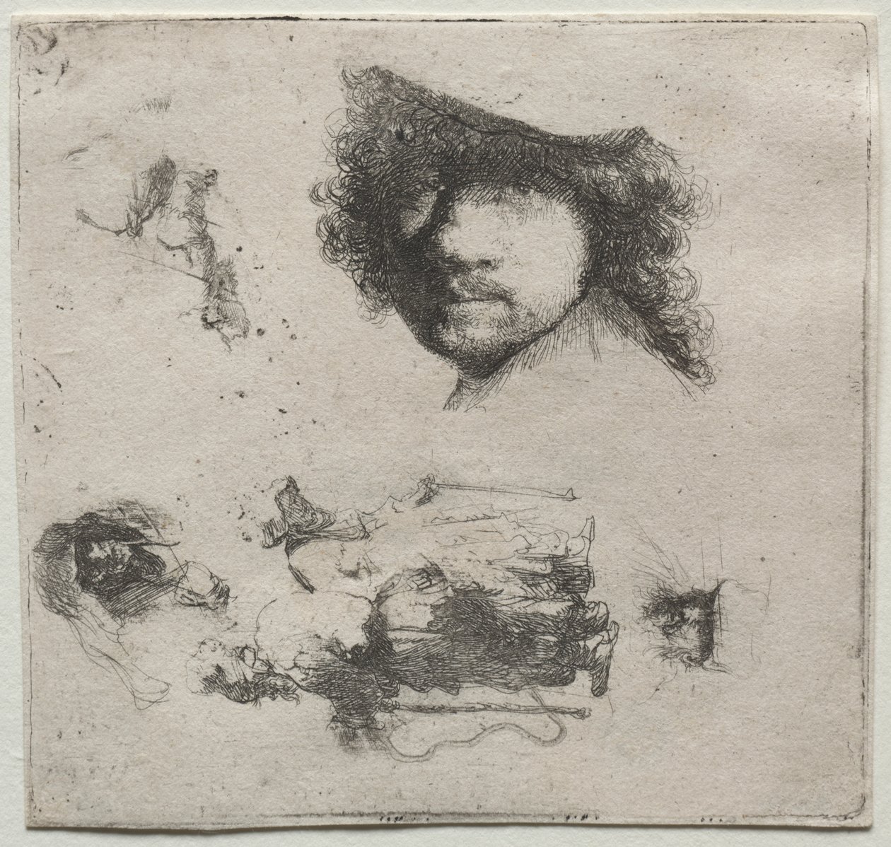 Foglio di Studi: Autoritratto, una Coppia di Mendicanti, ecc. da Rembrandt van Rijn