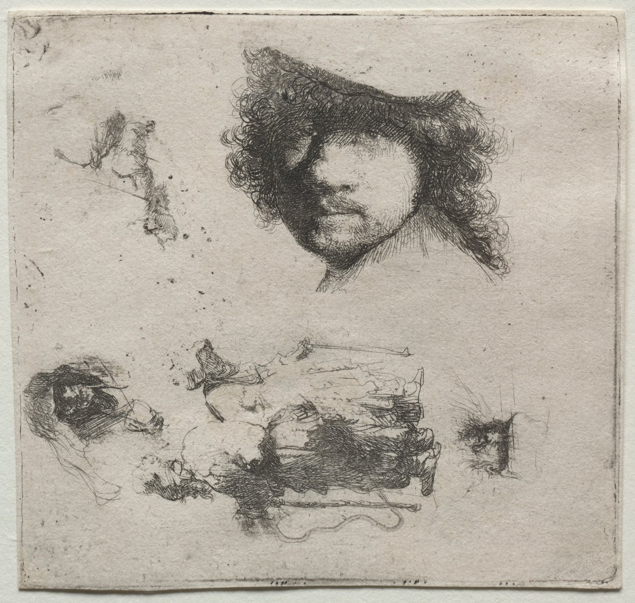 Foglio di studi: Autoritratto, una coppia di mendicanti, ecc., c. 1632 da Rembrandt van Rijn