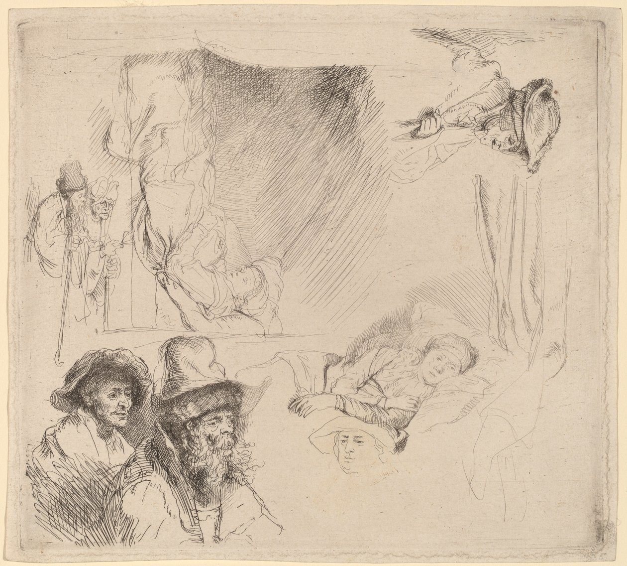 Foglio di Studi inclusa una Donna Malata a Letto da Rembrandt van Rijn