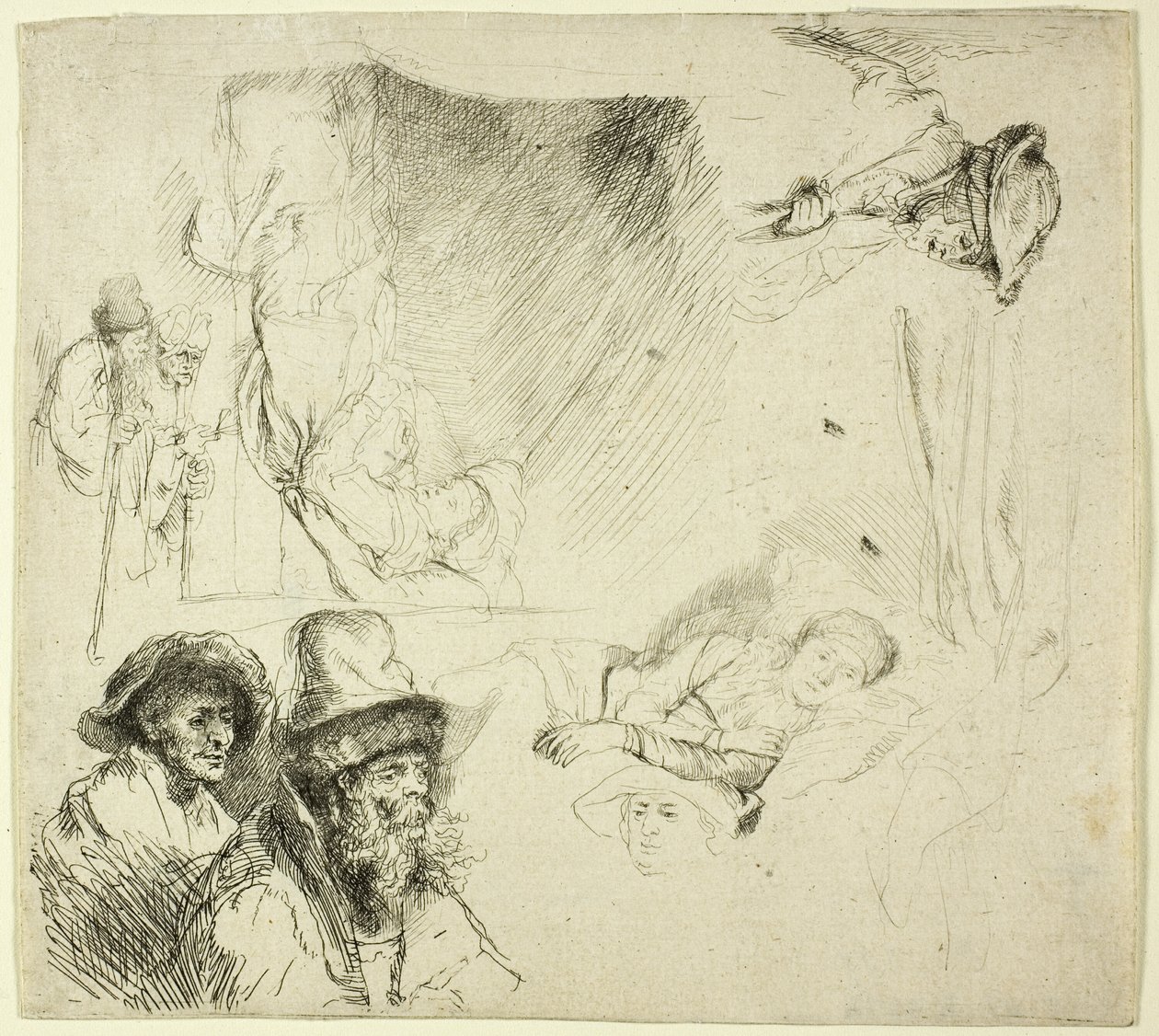 Foglio di studi, con una donna malata a letto da Rembrandt van Rijn
