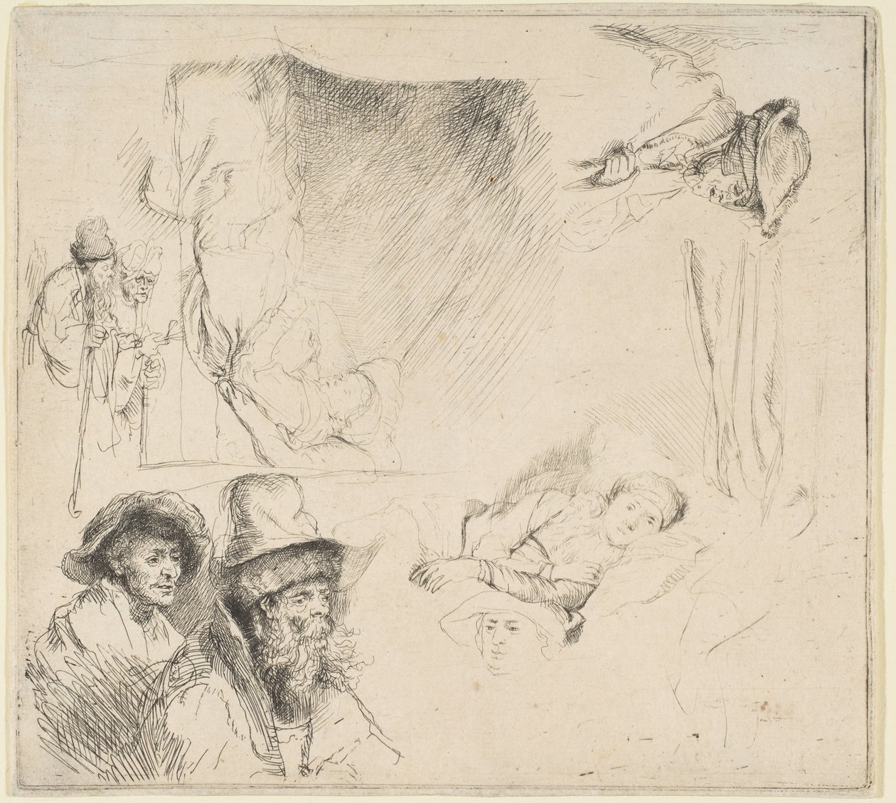 Foglio di studi con una donna malata a letto, ecc. da Rembrandt van Rijn