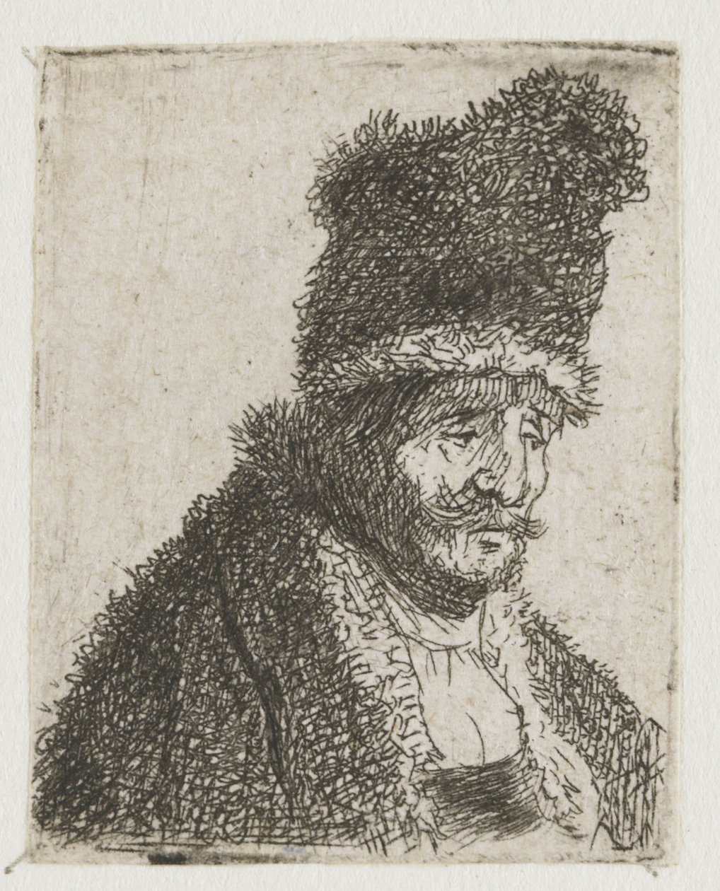 Foglio con studi sulla testa di uomini: anziano con cappotto di pelliccia e berretto alto da Rembrandt van Rijn