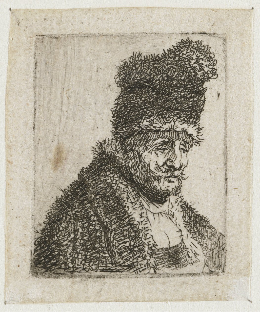 Foglio con studi sulla testa di uomini: anziano con cappotto di pelliccia e berretto alto da Rembrandt van Rijn