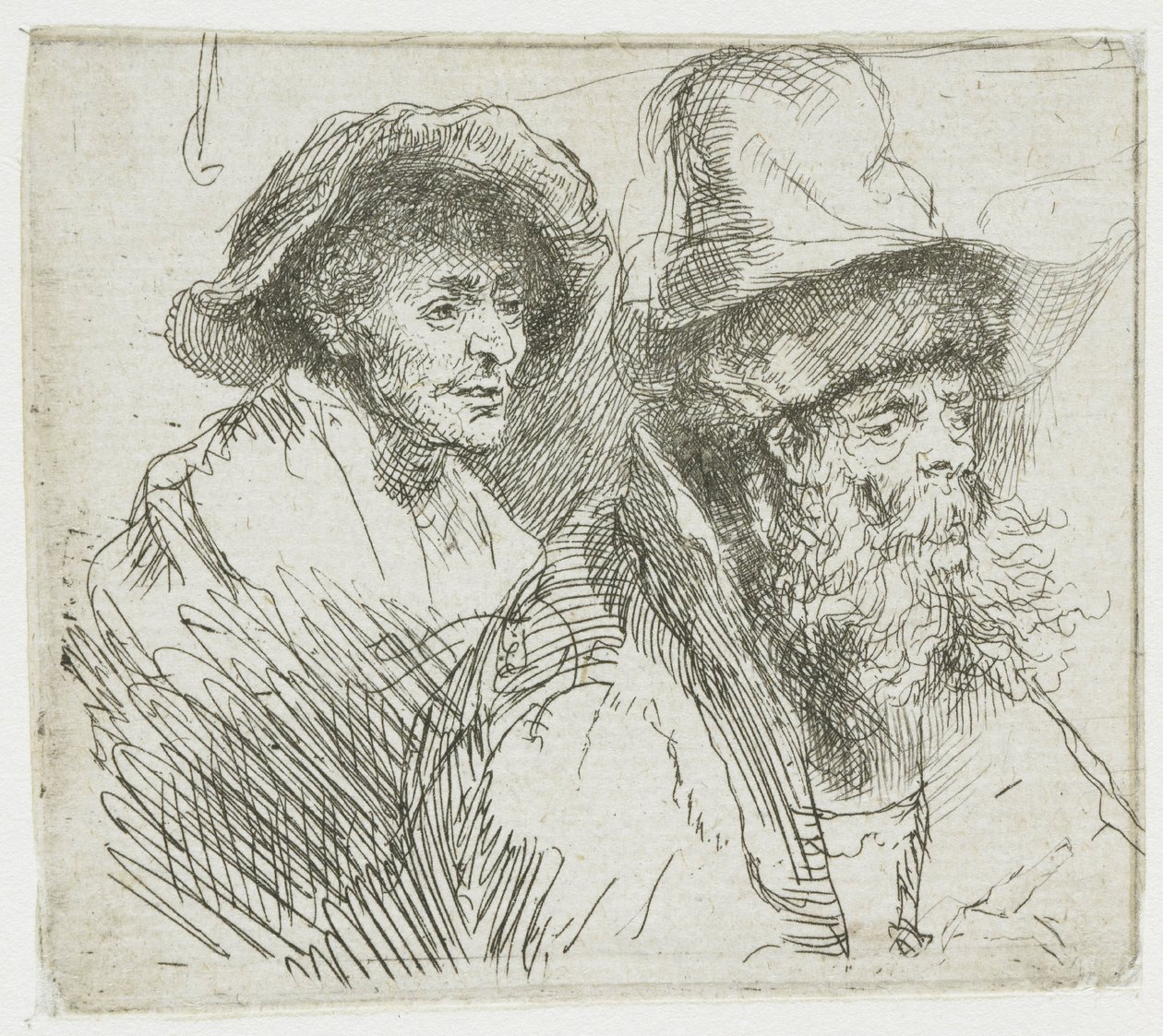 Foglio con disegni, raffigurante una donna malata distesa a letto: busti di due figure maschili da Rembrandt van Rijn