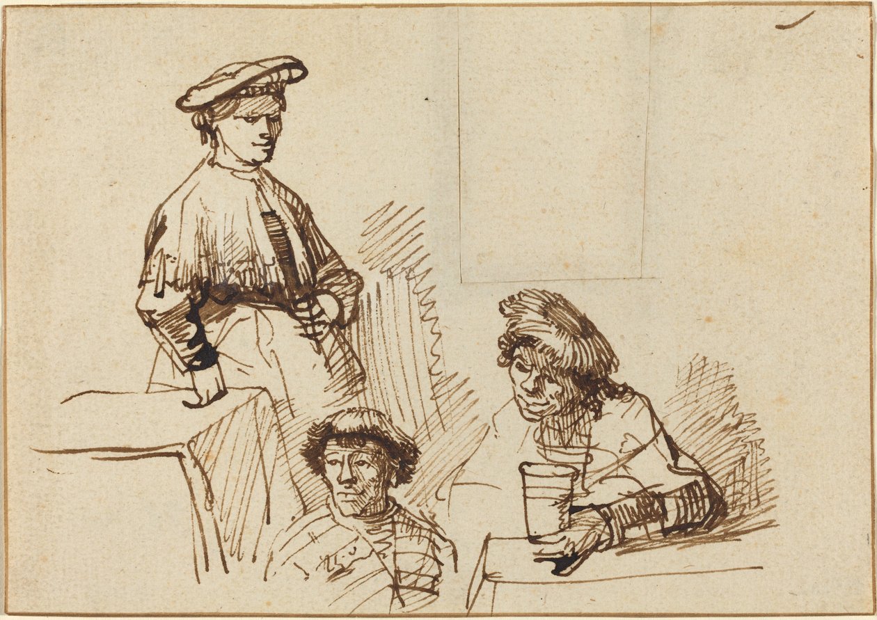 Schizzi da una Taverna: Donna in Piedi e Due Uomini Seduti da Rembrandt van Rijn