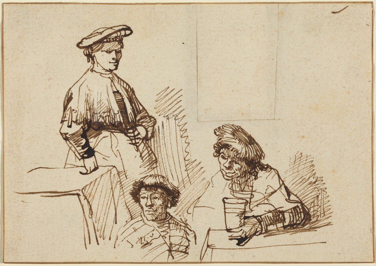Schizzi da una taverna: una donna in piedi e due uomini seduti da Rembrandt van Rijn
