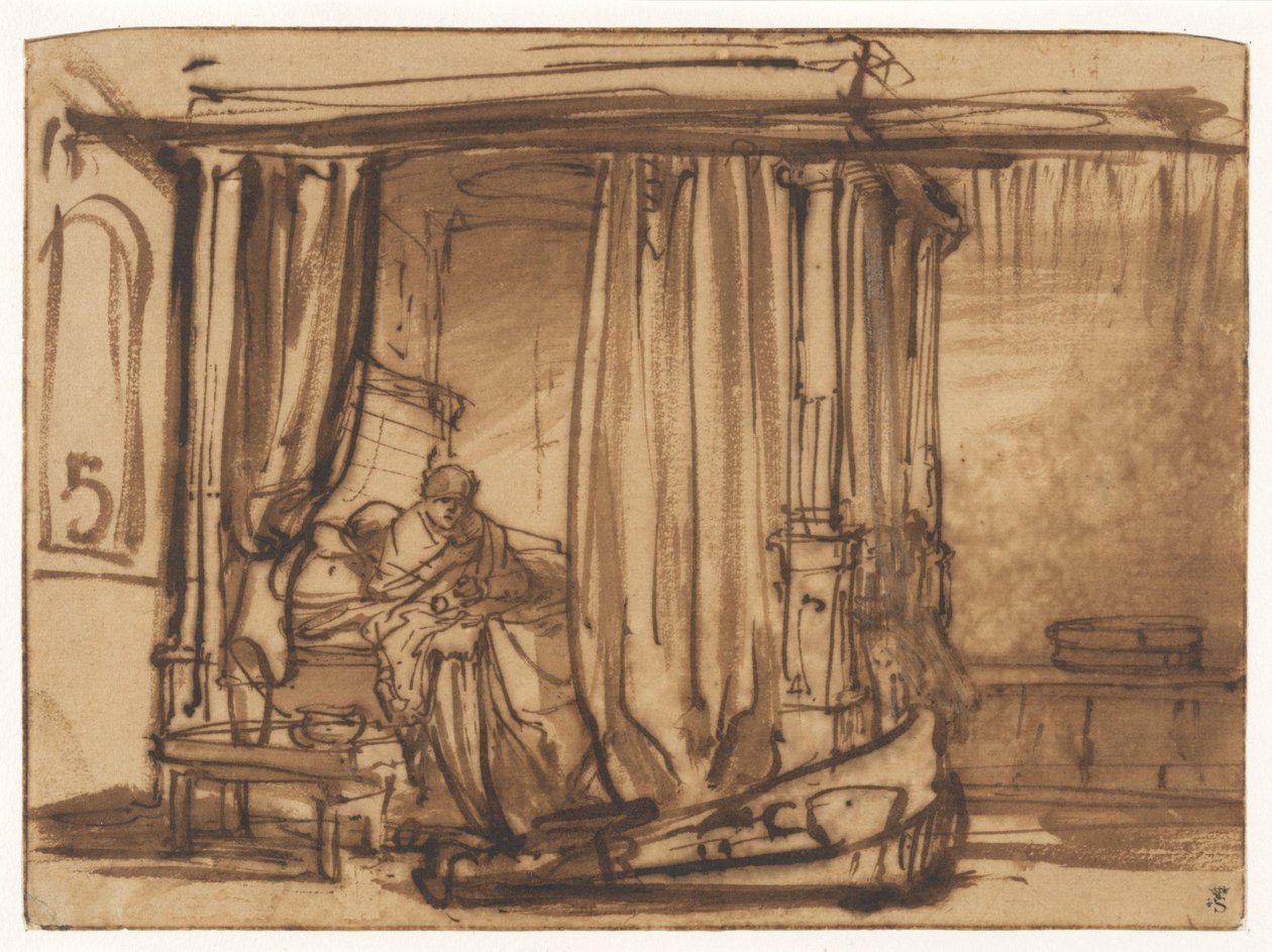 Camera da letto con Saskia seduta su un letto a baldacchino da Rembrandt van Rijn