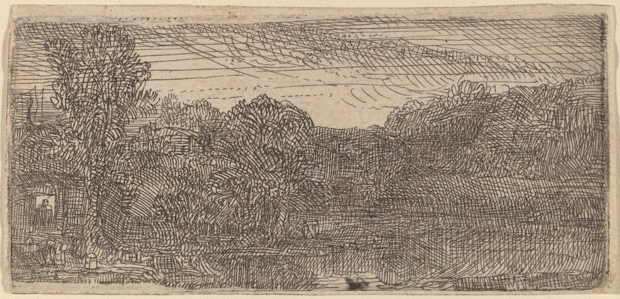 Piccolo paesaggio grigio: una casa e alberi accanto a una pozza da Rembrandt van Rijn