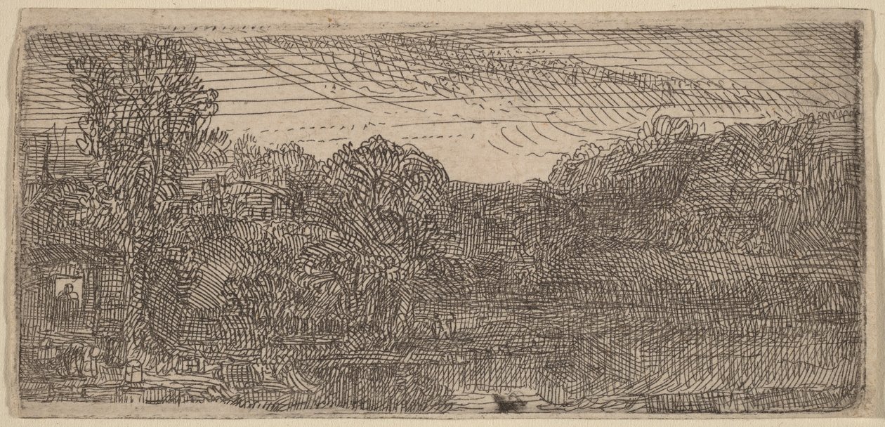 Piccolo paesaggio grigio: una casa e degli alberi accanto a una piscina da Rembrandt van Rijn