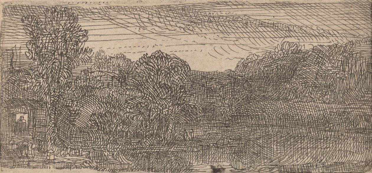 Piccolo paesaggio grigio: una casa e alberi accanto a una piscina da Rembrandt van Rijn