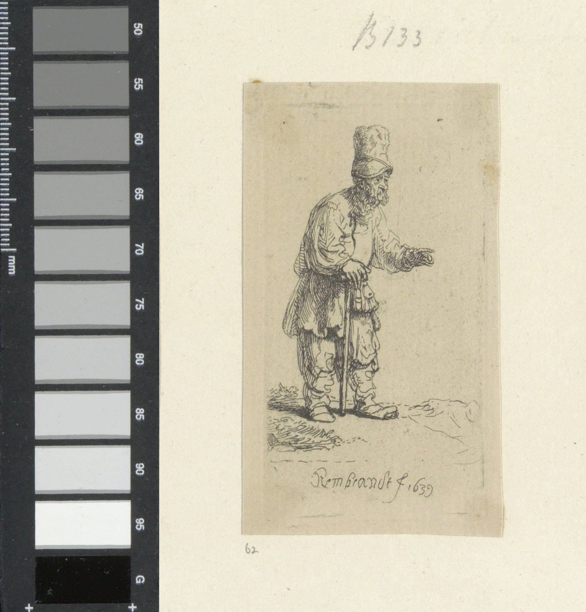 Contadino in piedi con cappello alto, appoggiato a un bastone da Rembrandt van Rijn
