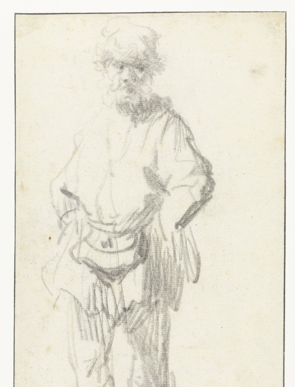 Uomo in piedi con una borsa da Rembrandt van Rijn