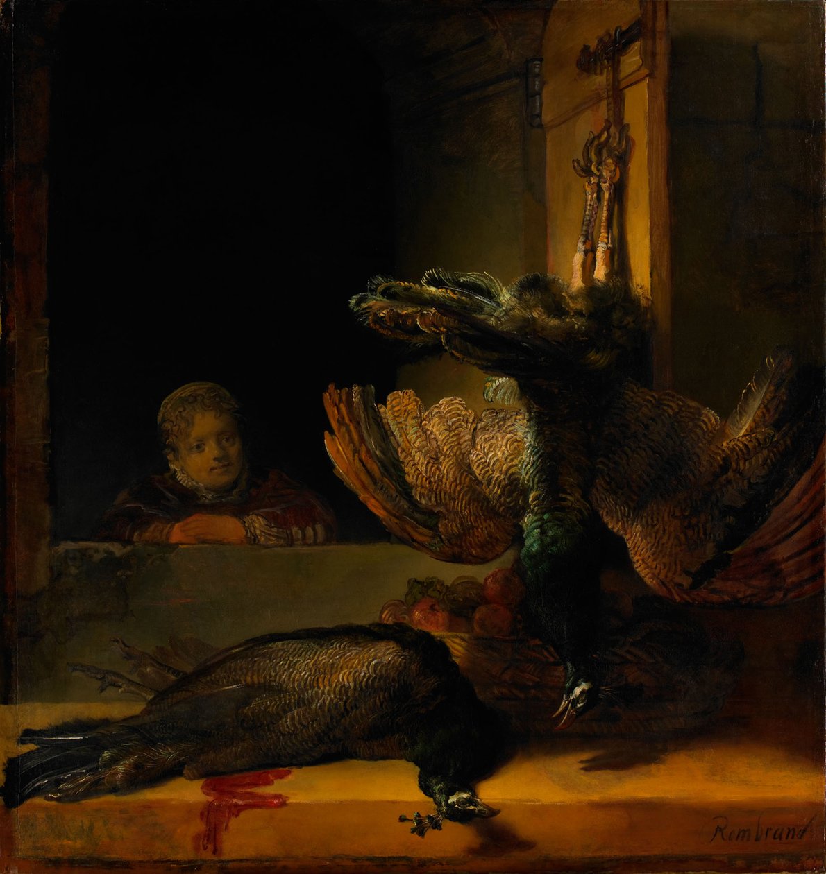 Natura morta con due pavoni e una ragazza, ca 1639 da Rembrandt van Rijn