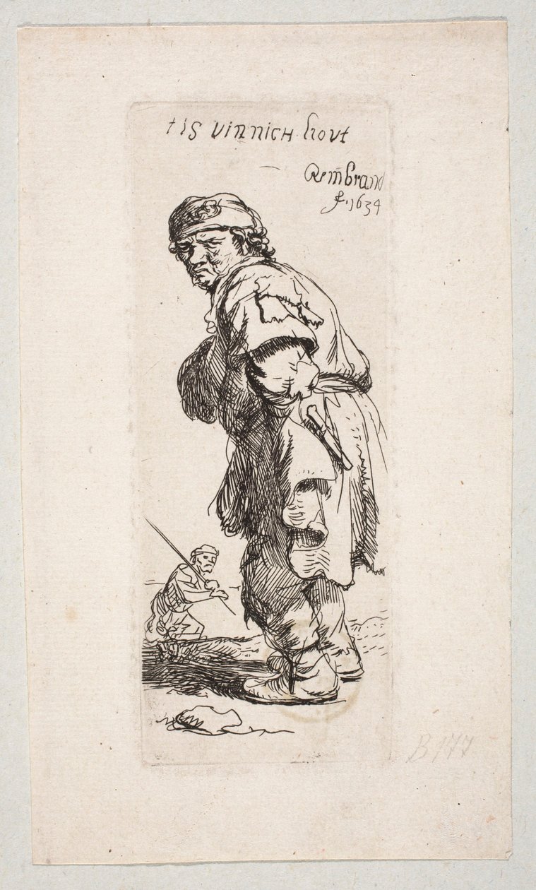 Contadino in piedi rivolto verso sinistra e figura con un bastone sullo sfondo "Tis vinnich Kout" da Rembrandt van Rijn