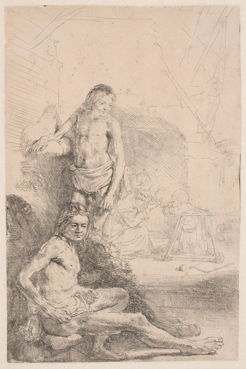 Studi dal vero: un uomo seduto e un altro in piedi; sullo sfondo, una donna e un bambino appena accennati da Rembrandt van Rijn