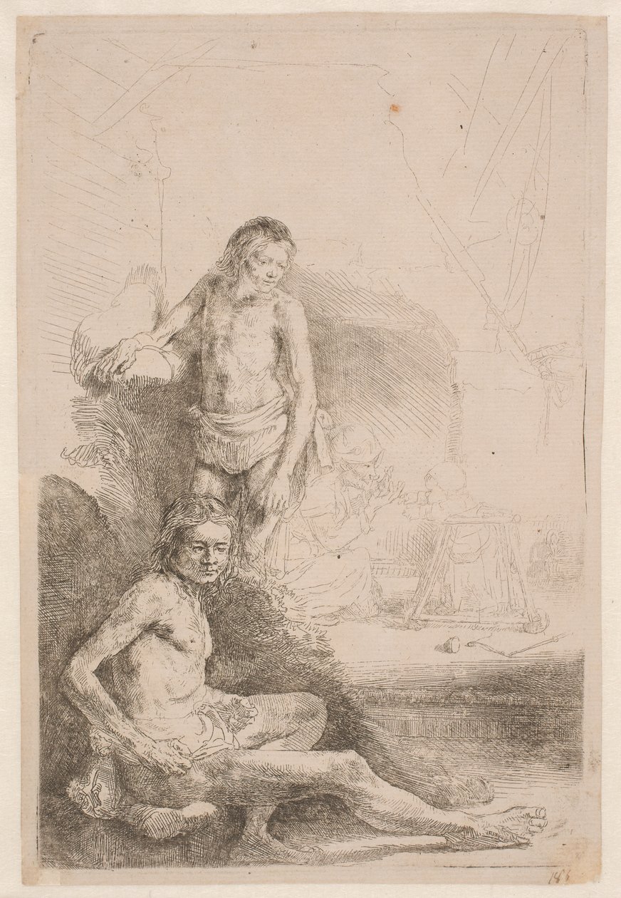 Studi dal vero: un uomo seduto e un altro in piedi; sullo sfondo, una donna e un bambino appena accennati da Rembrandt van Rijn