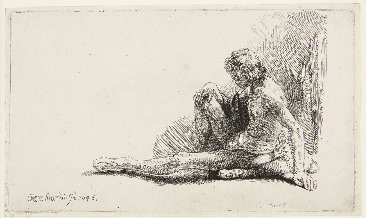 Studio dal nudo (Uomo seduto per terra) (Bartsch 196, seconda delle due versioni; H. 221; Muntz 137 II) da Rembrandt van Rijn