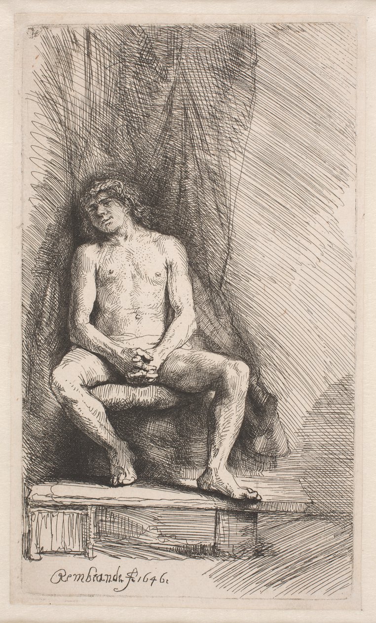 Studio dal nudo: uomo seduto davanti a una tenda da Rembrandt van Rijn