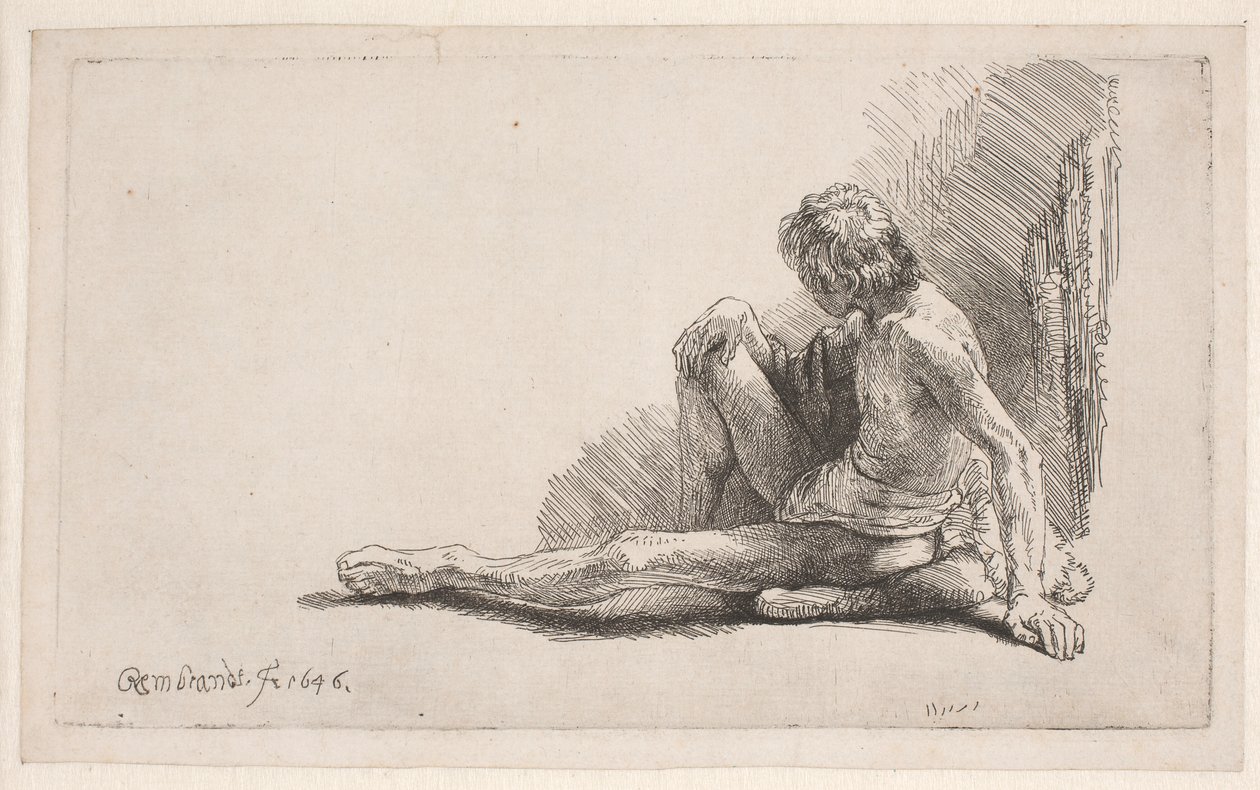 Studio dal nudo: uomo seduto per terra con una gamba distesa da Rembrandt van Rijn