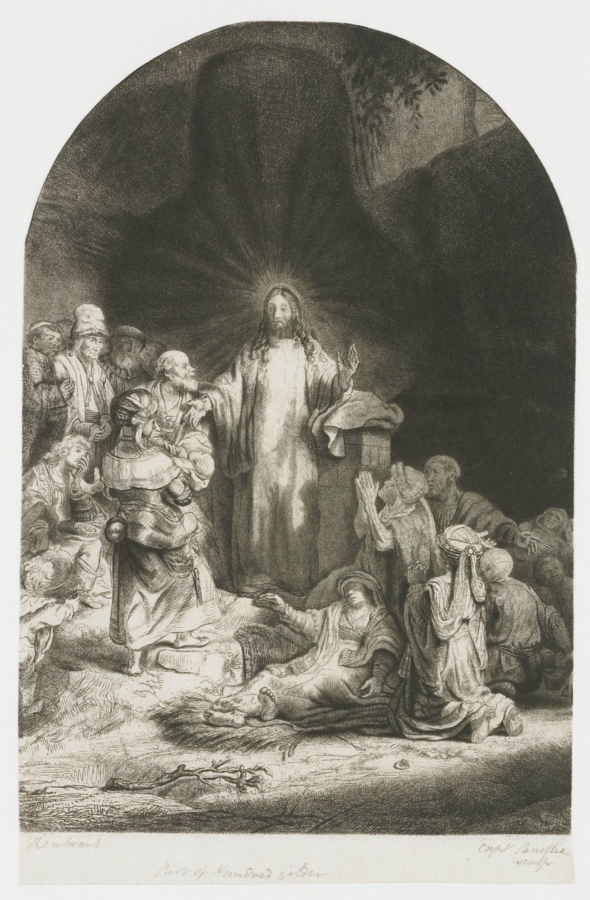La stampa dei cento fiorini: la parte centrale raffigura Cristo che predica, la lastra è a forma di arco da Rembrandt van Rijn