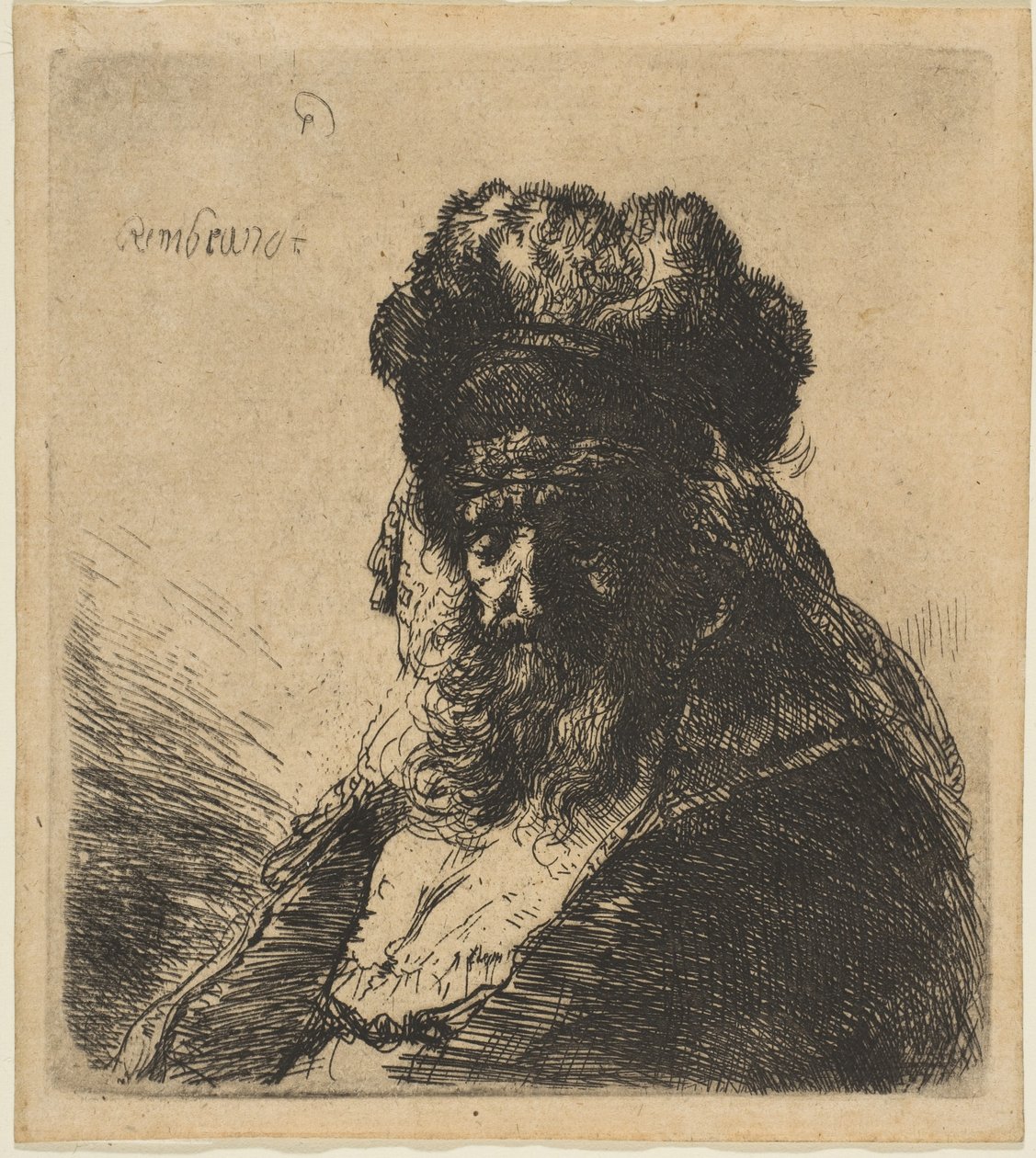 Il vecchio uomo barbuto con un alto cappello di pelliccia, con gli occhi chiusi da Rembrandt van Rijn