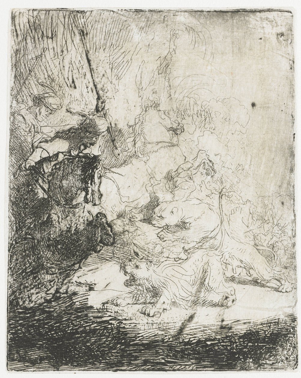 La piccola caccia al leone, con due leoni da Rembrandt van Rijn