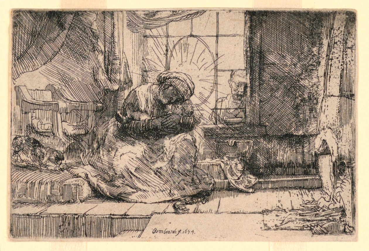 La Vergine e il Bambino con il Gatto e Giuseppe alla Finestra da Rembrandt van Rijn