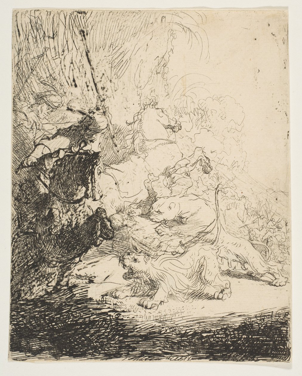 La piccola caccia al leone, con due leoni da Rembrandt van Rijn