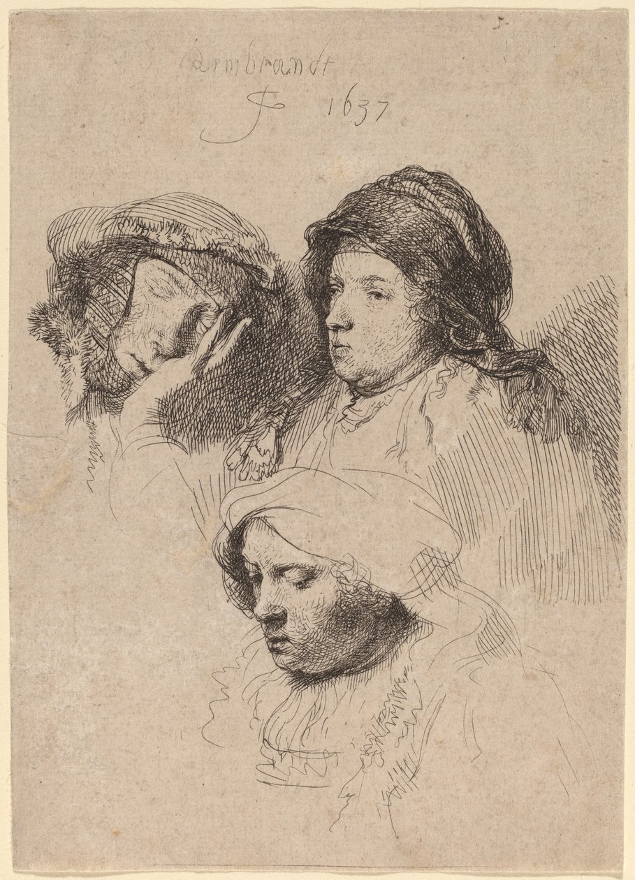 Tre teste di donne, una addormentata da Rembrandt van Rijn