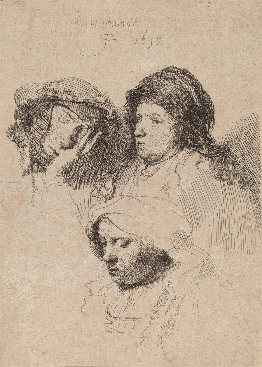 Tre Teste di Donne, Una Addormentata da Rembrandt van Rijn