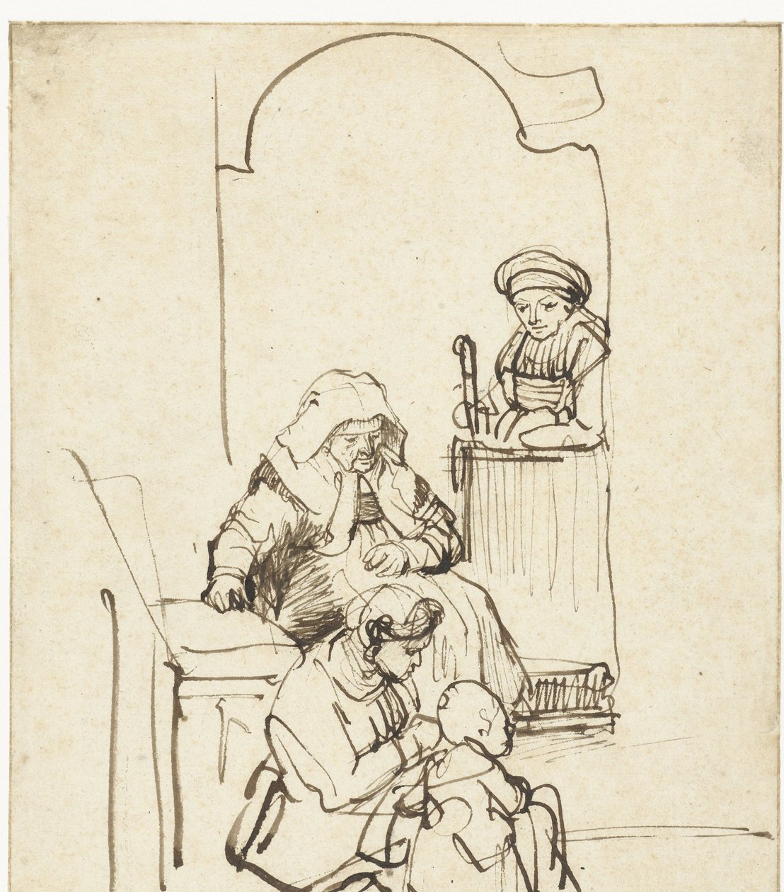 Tre donne e un bambino vicino a una porta da Rembrandt van Rijn