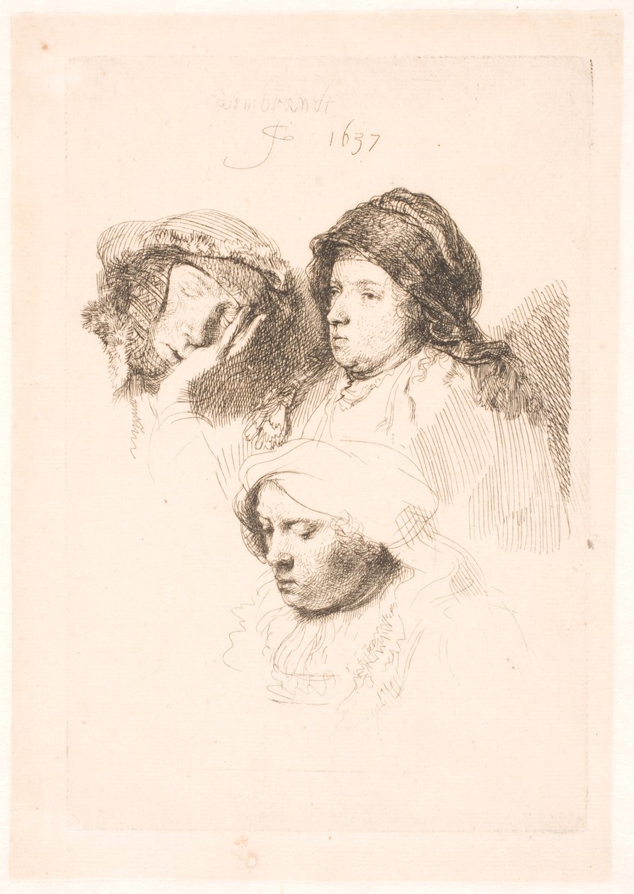 Tre Teste di Donne, una Addormentata da Rembrandt van Rijn