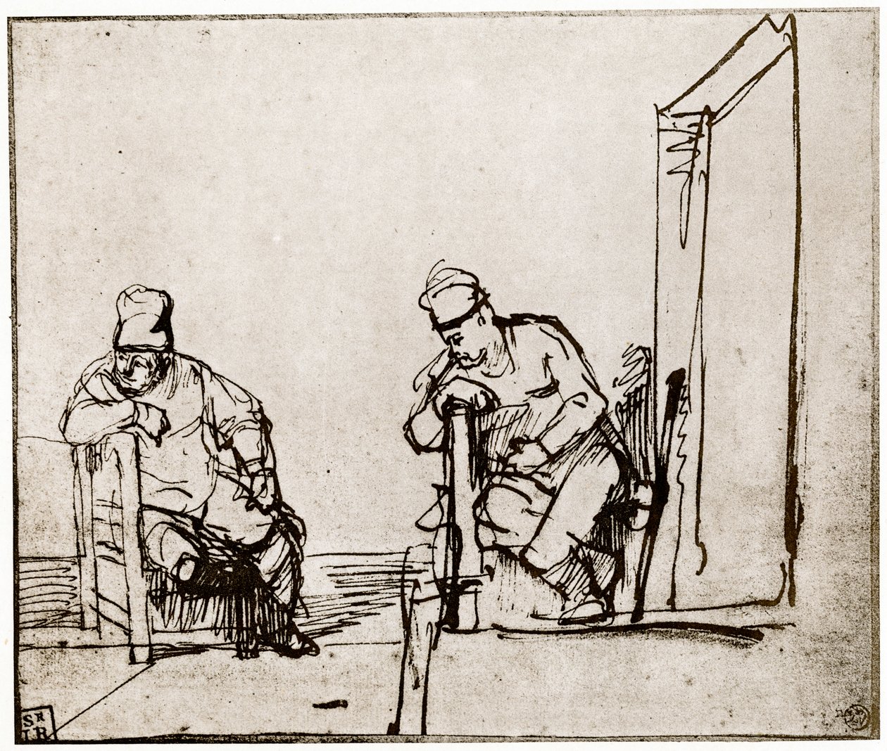 Due uomini seduti a una porta da Rembrandt van Rijn