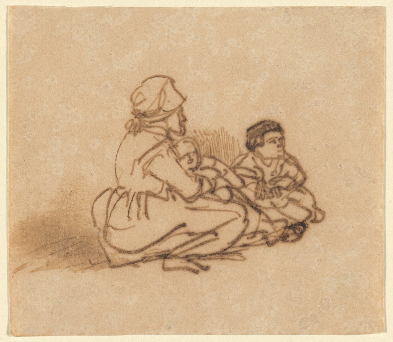 Donna seduta a terra con due bambini da Rembrandt van Rijn