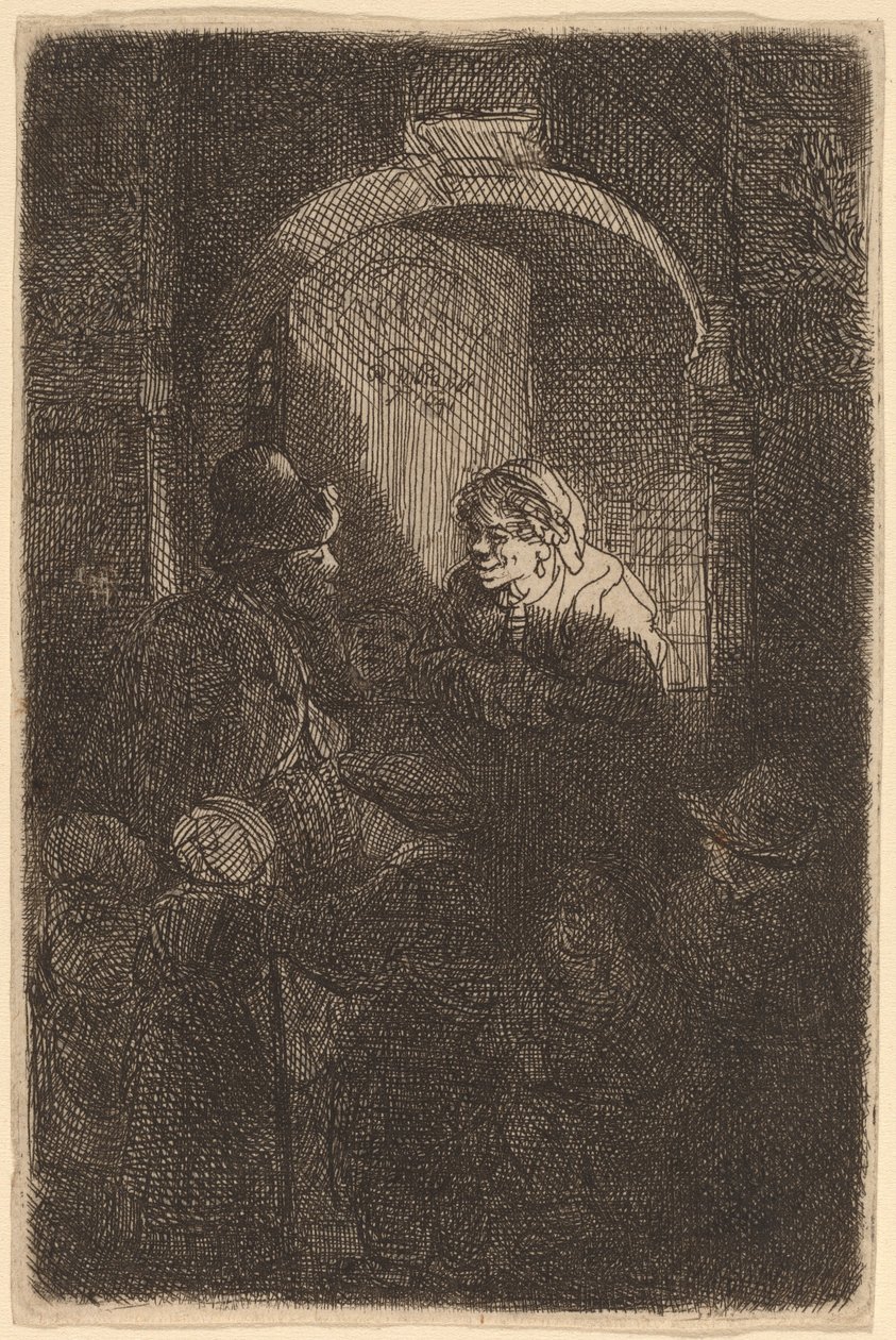 Donna a una porta che parla con un uomo e bambini (Il maestro di scuola) da Rembrandt van Rijn