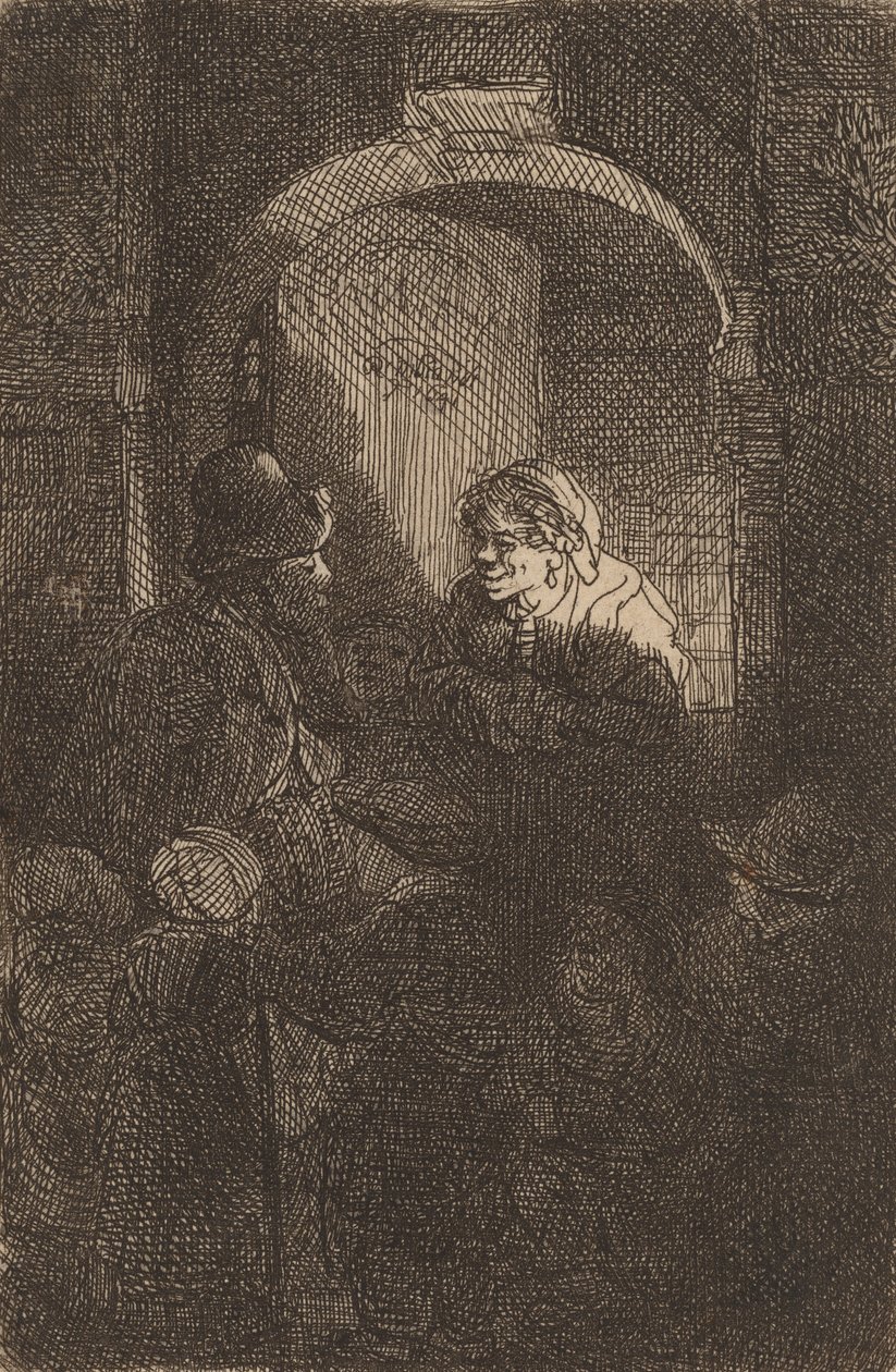 Donna alla porta che parla con un uomo e bambini (Il maestro di scuola) da Rembrandt van Rijn