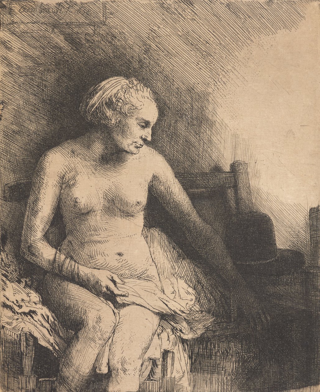 Donna nella vasca da bagno con un cappello accanto a sé da Rembrandt van Rijn