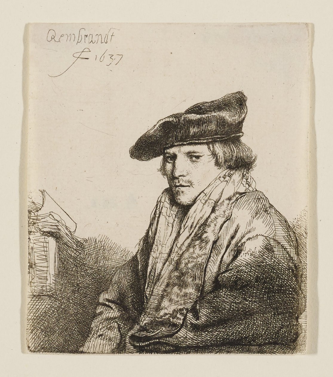 Giovane con un berretto di velluto e dei libri accanto a sé da Rembrandt van Rijn