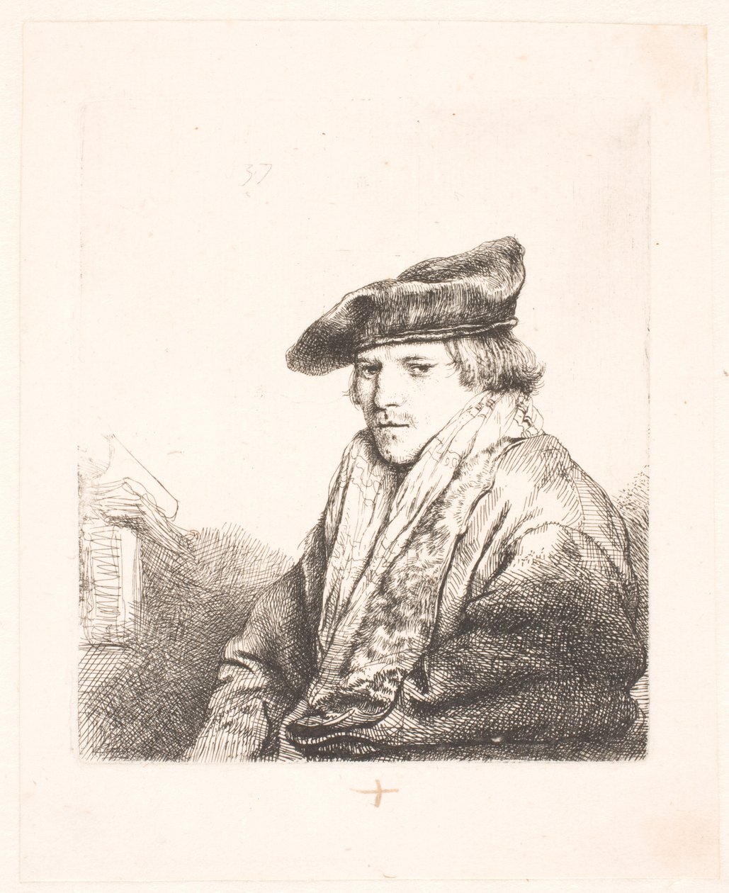 Giovane uomo con berretto di velluto con libri accanto a lui da Rembrandt van Rijn