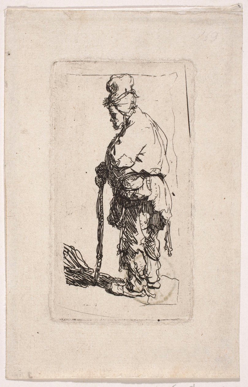 Un mendicante appoggiato a un bastone, rivolto verso sinistra da Rembrandt van Rijn