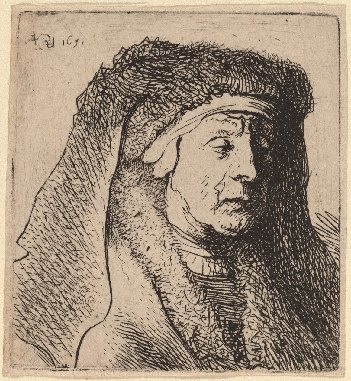 Busto di una vecchia con mantello di pelliccia e copricapo pesante da Rembrandt van Rijn and Studio of Rembrandt