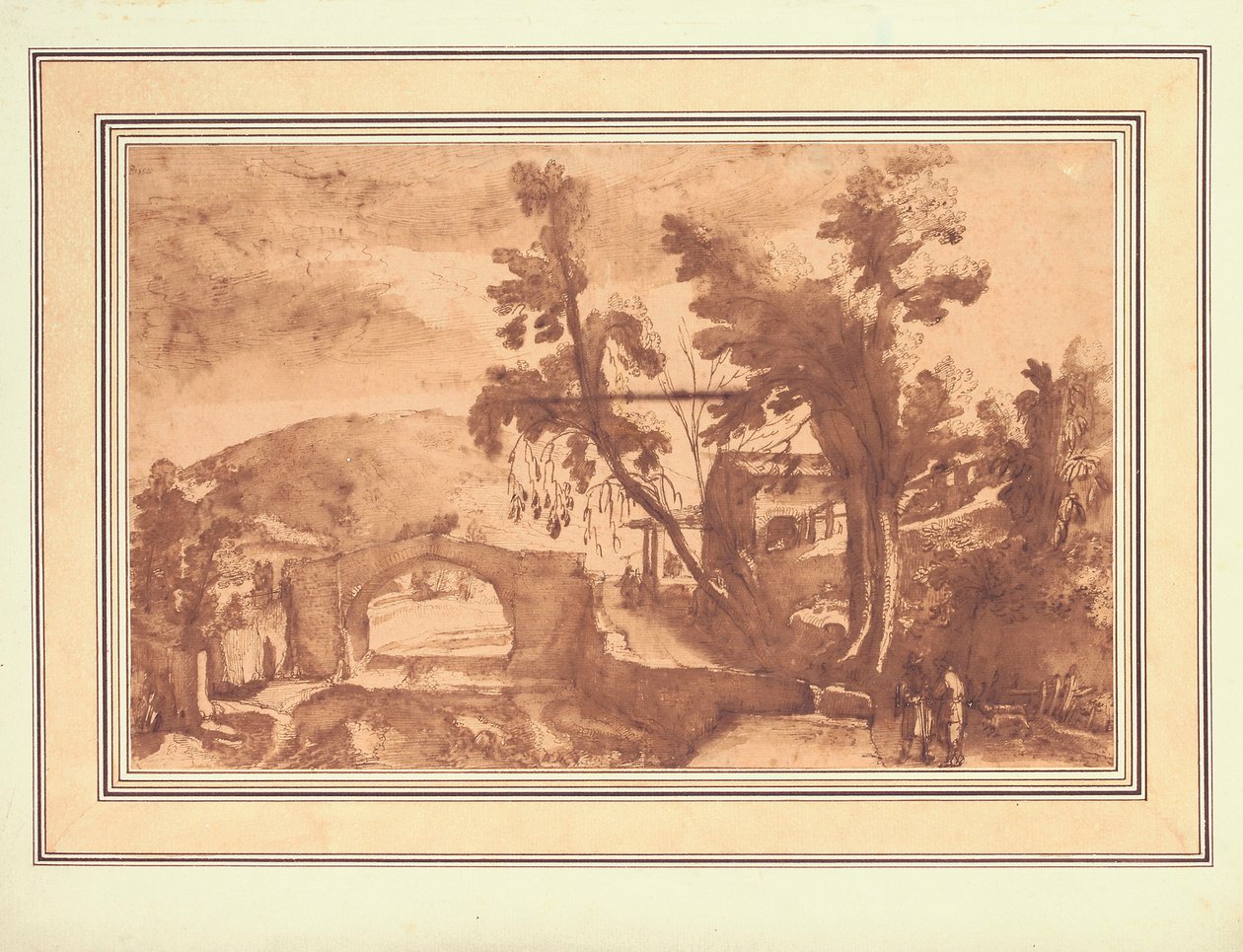 Paesaggio montano con un ponte su un fiume, figure su una strada presso una cascina a destra (inchiostro e lavaggio con gesso su carta) da Remigio Cantagallina