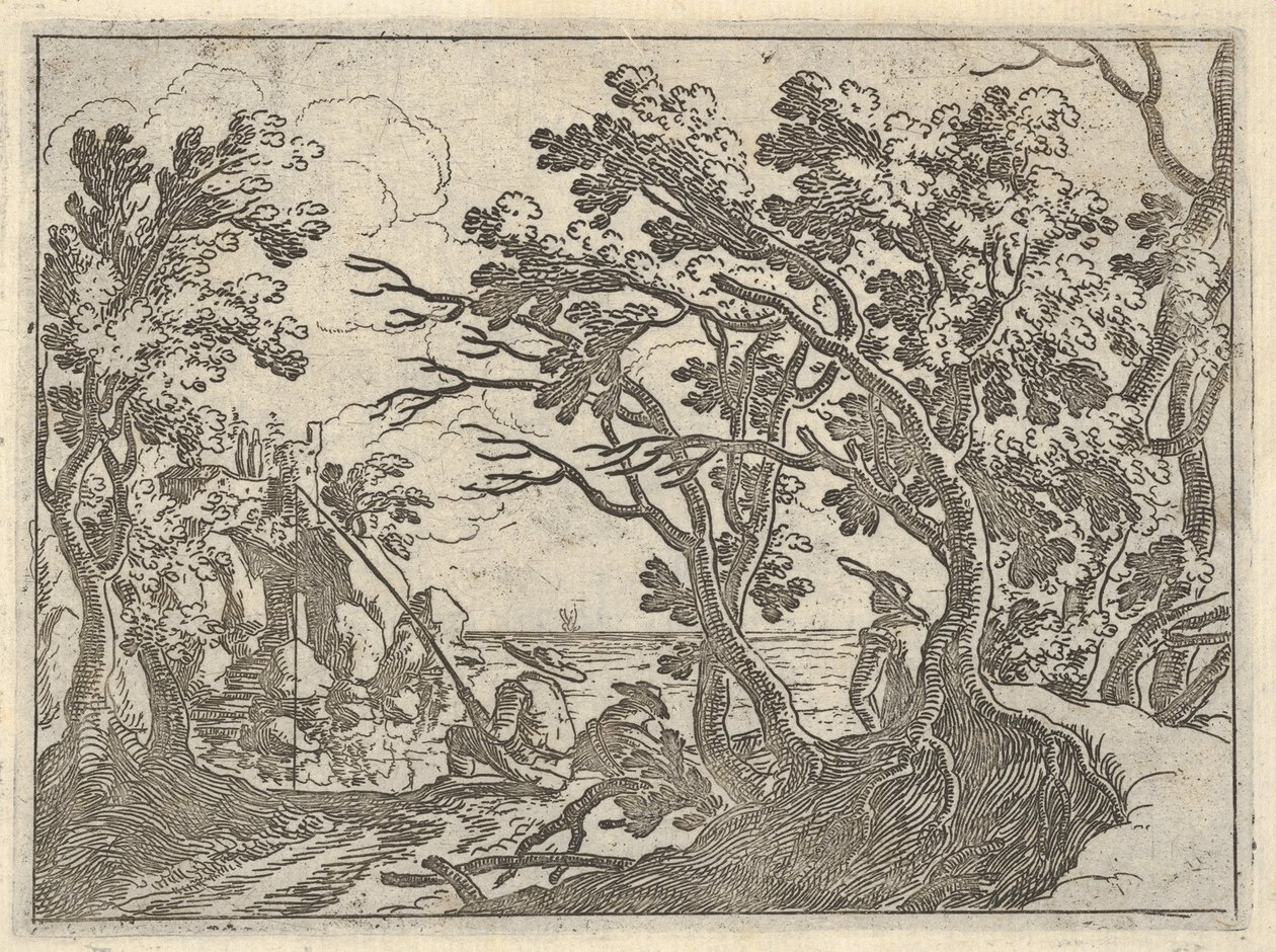 Paesaggio con pescatore a terra e osservatore maschile sotto gli alberi, un uomo in una barca da Remigio Cantagallina