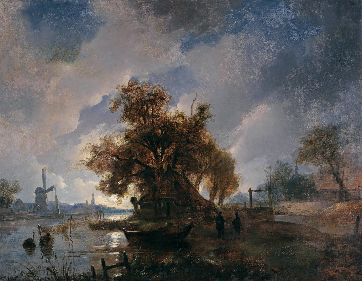 Tedesco: Paesaggio del fiume olandese al chiaro di luna Paesaggio del fiume olandese al chiaro di luna da Remigius Adrianus Haanen
